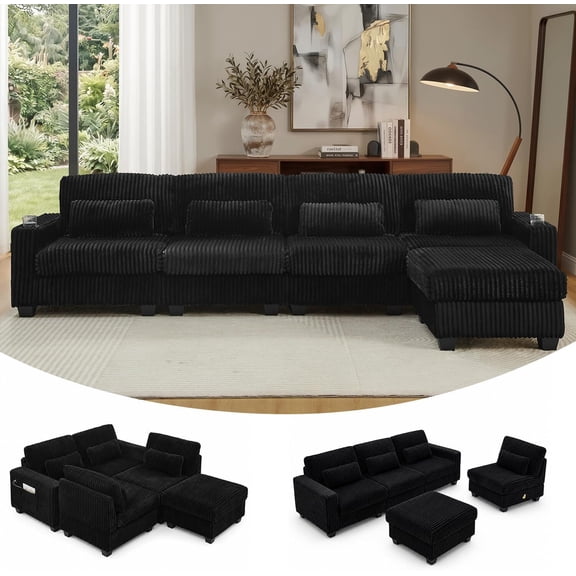 Howcool Modular Sectional Sofa, 125" L Shaped Sofa, Corduroy Cloud Couch with Movable Ottoman, 5 Seat Deep Seat Sectional Sofa with Cup Holders & Lumbar Pillows for Living Room Family Room,Black