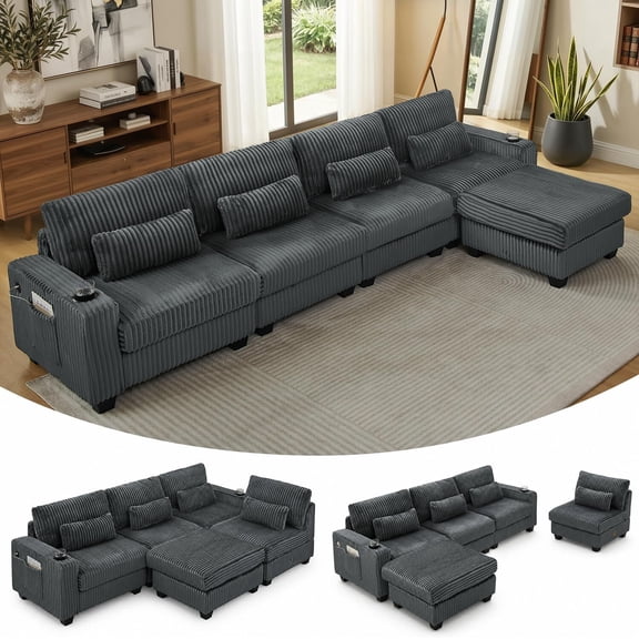 Howcool Modular Sectional Sofa, 125" L Shaped Sofa, Corduroy Cloud Couch with Movable Ottoman, 5 Seat Deep Seat Sectional Sofa with Cup Holders & Lumbar Pillows for Living Room Family Room,Dark Grey