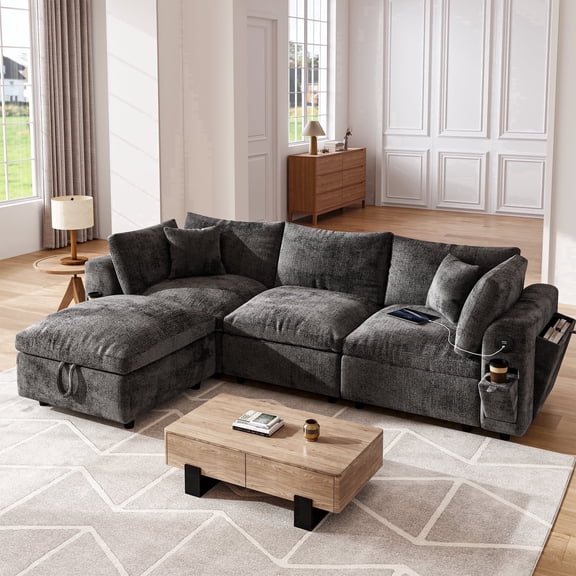 BINBANK Luxurious Cloud Modular Sectional Sofa, Modern Chenille Couch L-Shaped with Storage Ottoman, USB Type-C Ports & Cup Holders for Living Room