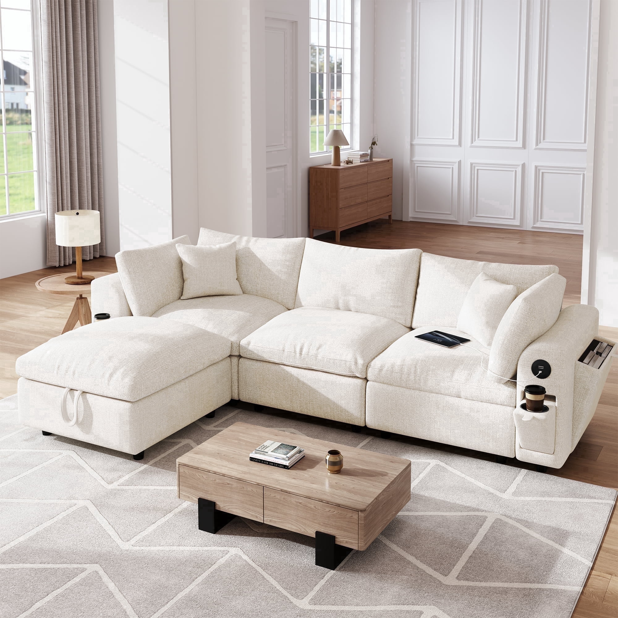 BINBANK Luxurious Cloud Modular Sectional Sofa, Modern Chenille Couch L-Shaped with Storage Ottoman, USB Type-C Ports & Cup Holders for Living Room