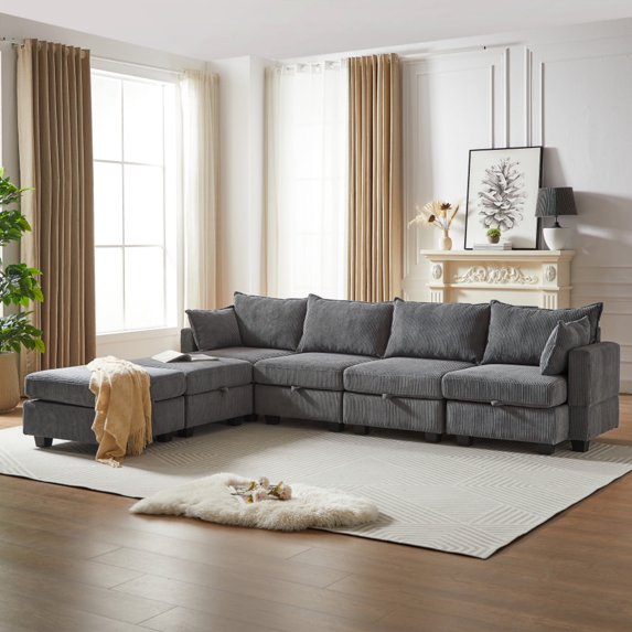 Cloud Couch Sectional, 113.5'' U-Shaped Modular Sofa for Living Room, Corduroy Sectional Couch with Storage Ottoman & Chaise, 6-Seat Convertible Living Room Furniture - Dark Gray