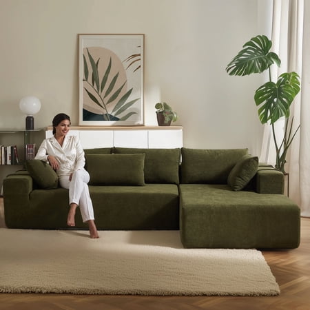 Cloud Couch Sectional Modular Couch for Living Room, Modular Sectional Sofa Compress l Shaped Green Modern Convertible 3 Seater Chenille Boneless Sofas for Bedroom Office Apartment Small Spaces