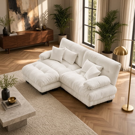 Cloud Couch Sectional Sofa, Chenille 2-Seater with 2 Lumbar & 2 Throw Pillows, Upholstered Wide Arm Sofa with Convertible Ottoman for Living Room, White