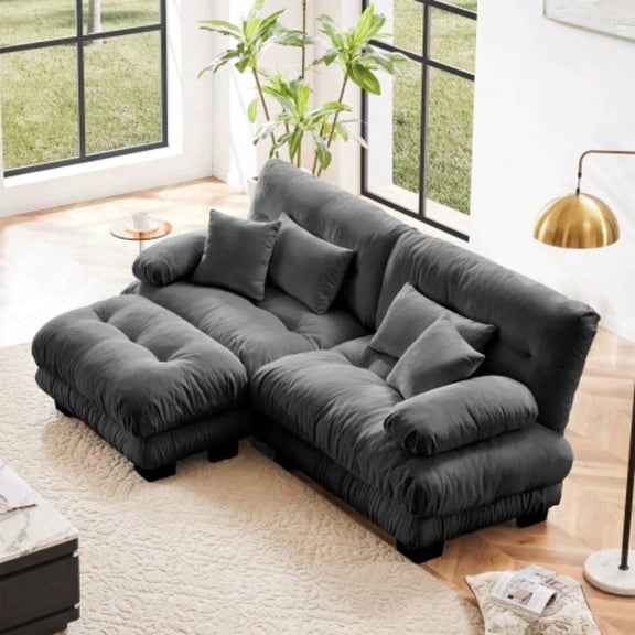 Cloud Couch Sectional Sofa Living Room, Chenille 2 Seater Sofa with 2 Lumbar pillows and 2 throw pillows, Upholstered Wide Arm Sofa with Convertible Ottoman, Chenille Gray