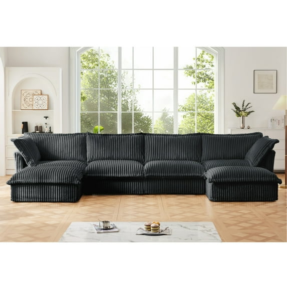 Cloud Couch Sectional U-Shape 4 Seater Sofa, Corduroy Living Room Couch with Wide Deep Seats & French Edges, Modular Sofa with Big Pillows, Slipcovered Gray