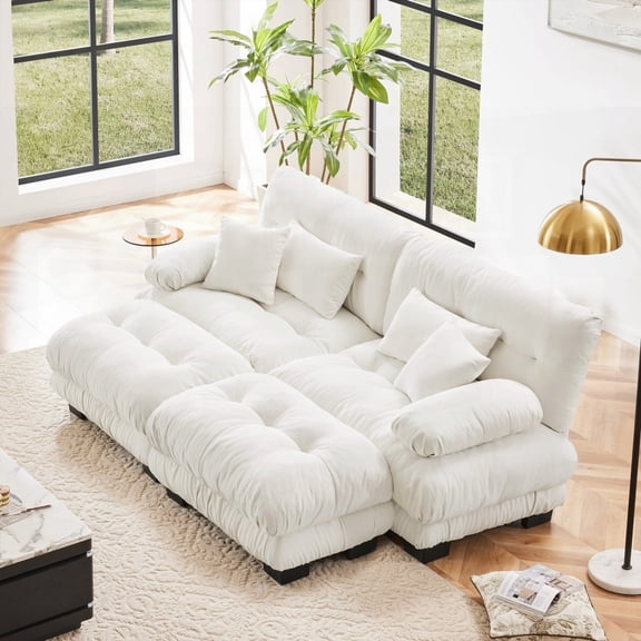 Cloud Couch Sleeper Sofa in Living Room, Chenille 2 Seater + Features, Upholstered Wide Arm & 2 Ottomans, Chenille White, Flexible Combination Option