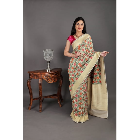 Cloud-Cream Handloom Pure Silk Banarasi Sari with Kadhwa Woven Flowers All-over