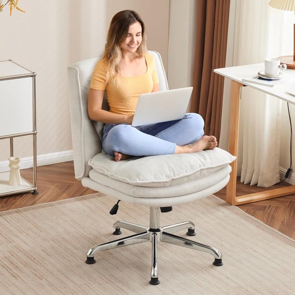 Cloud Criss Cross Legged Chair,18" High Back Armless Home Office Desk Chair with Wheels,Wide Adjustable Comfy Padded Seat Task Computer Chair,Modern Swivel Makeup Vanity Chair,Fabric,Beige