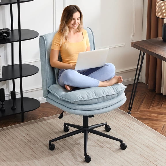 Cloud Criss Cross Legged Chair,18" High Back Armless Home Office Desk Chair with Wheels,Wide Adjustable Comfy Padded Seat Task Computer Chair,Modern Swivel Makeup Vanity Chair,Fabric,Blue