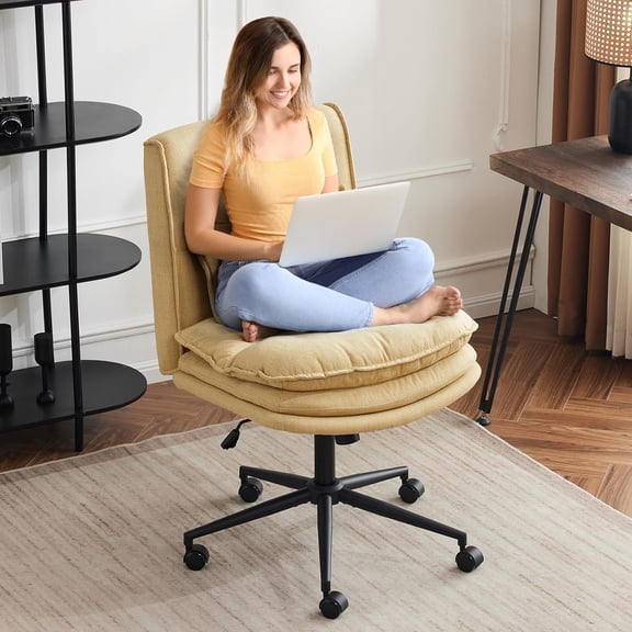 Cloud Criss Cross Legged Chair,18" High Back Armless Home Office Desk Chair with Wheels,Wide Adjustable Comfy Padded Seat Task Computer Chair,Modern Swivel Makeup Vanity Chair,Fabric,Yellow