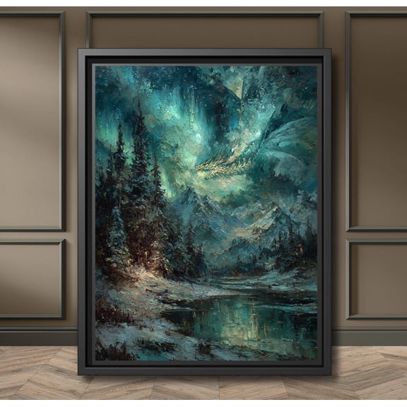 Cloud Dragon Wall Art Northern Lights Mystical Aurora Borealis Fantasy Landscape, Snowy Mountain Scene, Dark Fantasy Home Decor Unframed Paper Print