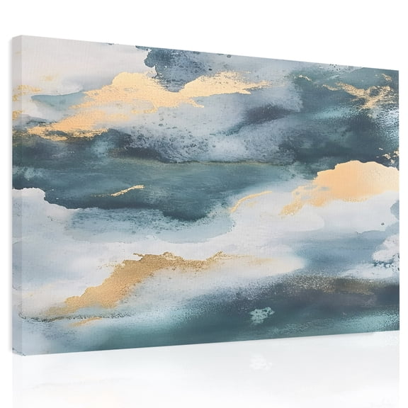 Cloud Effect Canvas Print Wall Art, Modern Golden Green Marble Texture Wall Decor Modern Artwork Paintings Pictures for Living Room Framed and Stretched Ready to Hang, 24" x 32"