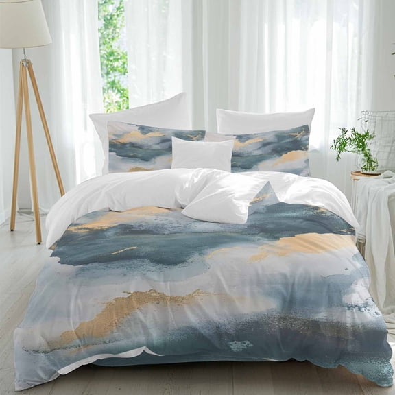 Cloud Effect Comforter Set Twin Size, Modern Golden Green Marble Texture Soft Bedding Set for Man Woman, 4 Pieces Duvet Cover Set with Fitted Sheet, 2 Pillowcases