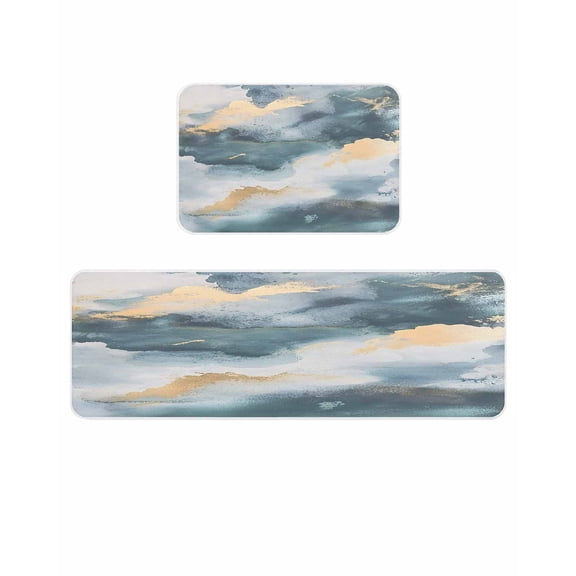 Cloud Effect Kitchen Mats for Floor 2 Piece, Modern Golden Green Marble Texture Absorbent Non-Slip Kitchen Rugs Comfort Standing Mat for Laundry, Hallways 15.7"x23.6"+15.7"x47.2"