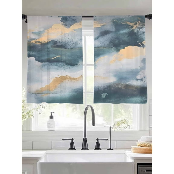 Cloud Effect Sheer Curtains 54 Inches Long 2 Panels Modern Golden Green Marble Texture Light Filtering Semi Sheer Window Curtains Drapes for Bedroom Living Room 52"x54"