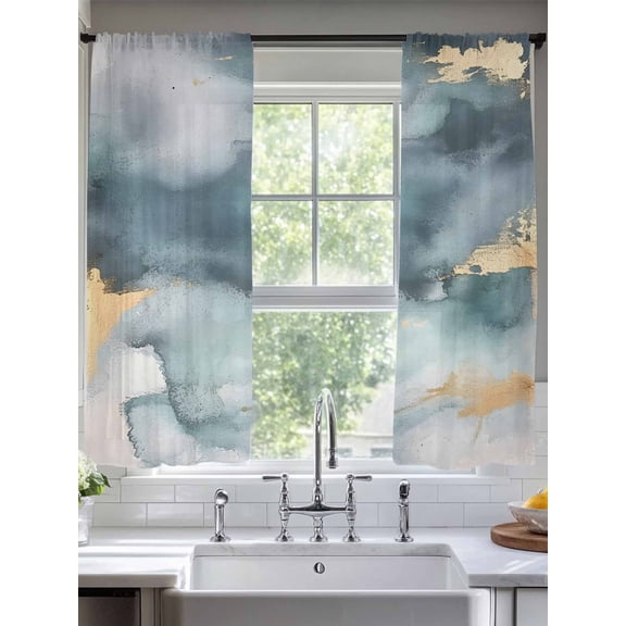 Cloud Effect Sheer Curtains 72 Inches Long 2 Panels Modern Green Golden Marble Texture Light Filtering Semi Sheer Window Curtains Drapes for Bedroom Living Room 52"x72"