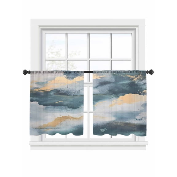 Cloud Effect Sheer Curtains for Living Room Bedroom, Light-filtering Sheer Curtain, Modern Golden Green Marble Texture Light-Rod Pocket Voile Window Treatment Drapes, 52’’Wx45’’L, 2 Panels Set