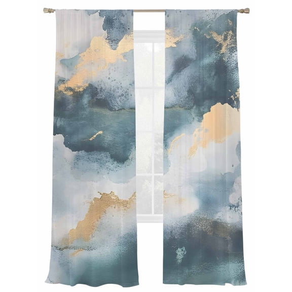 Cloud Effect Sheer Curtains for Living Room Bedroom, Light-filtering Sheer Curtain, Modern Golden Green Marble Texture Rod Pocket Voile Window Treatment Drapes, 52’’Wx108’’L, 2 Panels Set