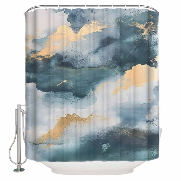 Cloud Effect Shower Curtain, 36" x 72", Modern Golden Green Marble Texture Waterproof Bathroom Curtain Washable Shower Curtain Set with 12 Hooks