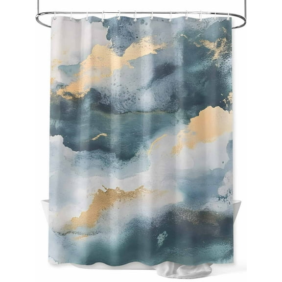 Cloud Effect Shower Curtain, Modern Golden Green Marble Texture Waterproof Shower Curtain Set with 12 Hooks Lightweight Washable Fabric Shower Curtains for Bathroom 36x72 Inches