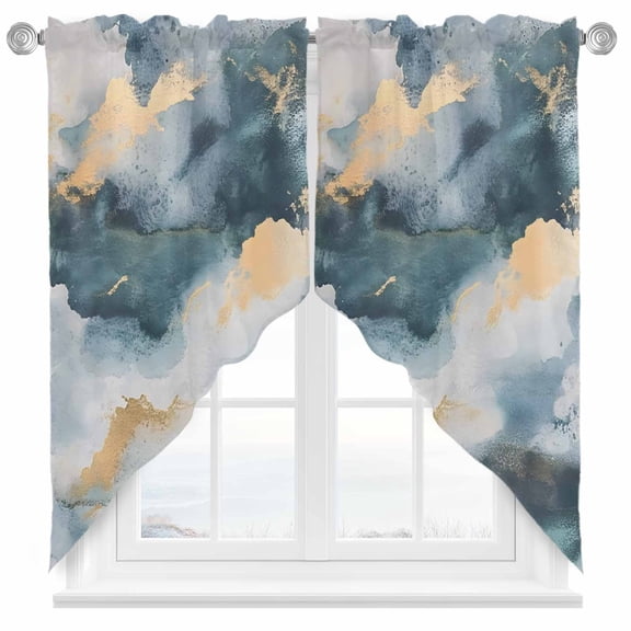Cloud Effect Swag Valances for Windows 2 Pack Modern Golden Green Marble Texture Swag Kitchen Curtains 36 Inches Long Rod Pocket Short Window Treatment for Kitchen Bathroom 28"x36"