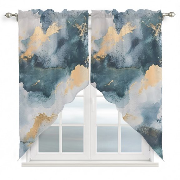 Cloud Effect Swag Valances for Windows 63 inches Long, Modern Golden Green Marble Texture Swag Curtains Privacy Light Filtering Curtain Tiers for Kitchen Bathroom 36" W x 63" L, 2 Panels