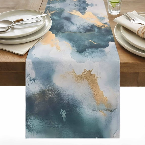 Cloud Effect Table Runner 13x48 inch Modern Golden Green Marble Texture Cotton Linen Dining Table Runner Ideal for Dresser Kitchen Coffee Tables - Machine Washable