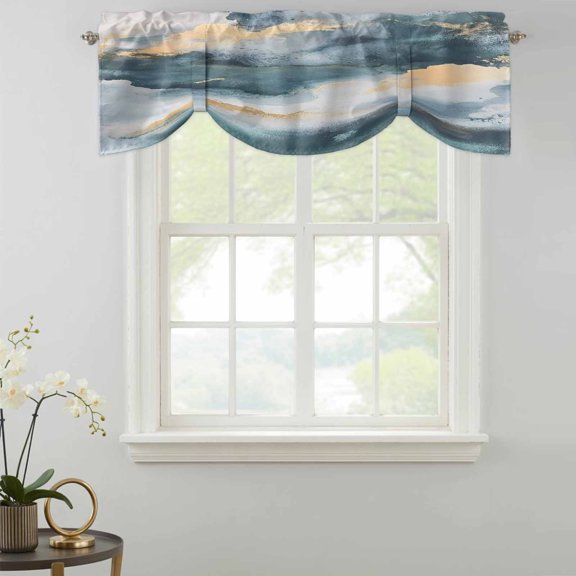 Cloud Effect Tie Up Valances Curtain, Modern Golden Green Marble Texture Adjustable Valance for Window Light Filtering for Kitchen and Bathroom Rod Pocket 1 Panel 54x18in