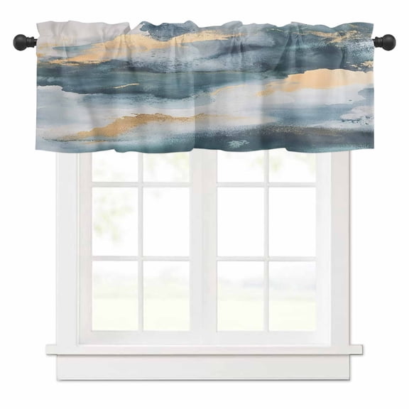 Cloud Effect Valances for Windows Modern Golden Green Marble Texture Rod Pocket Curtain Valance Window Treatment Short Curtains for Kitchen Living Room, 58"x16"