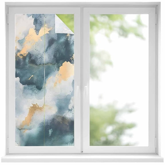 Cloud Effect Window Privacy Film Modern Golden Green Marble Texture Decorative Glass Window Film UV Blocking Static Cling Non-Adhesive Sticker Covering for Home Door 17.7 x 39.3 inches