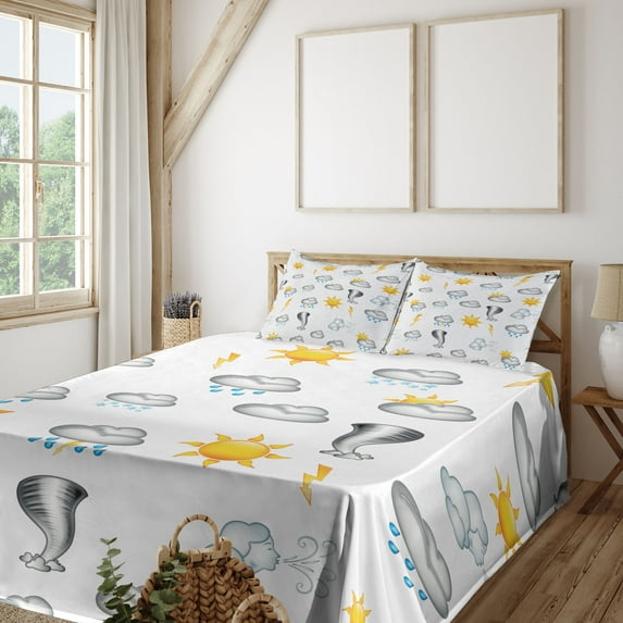 Ambesonne Cloud Emoji Fitted & Top Sheet Set with Sham, Rain Sun and Tornado, White Mustard Pale Grey