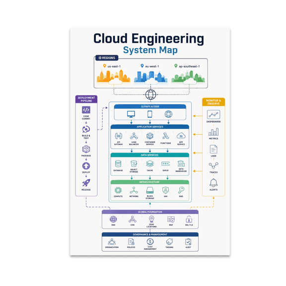 Cloud Engineering System Map Poster, Cloud Engineers, Platform Teams, and Infrastructure Learning Spaces, 13x19 Glossy Paper
