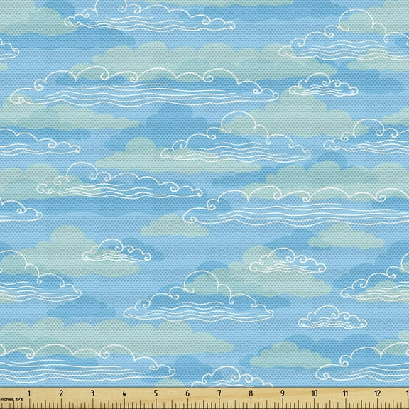 Ambesonne Cloud Fabric by the Yard Upholstery, Outline Cumulus Spring Season, 1 Yard, Blue Pale Blue White