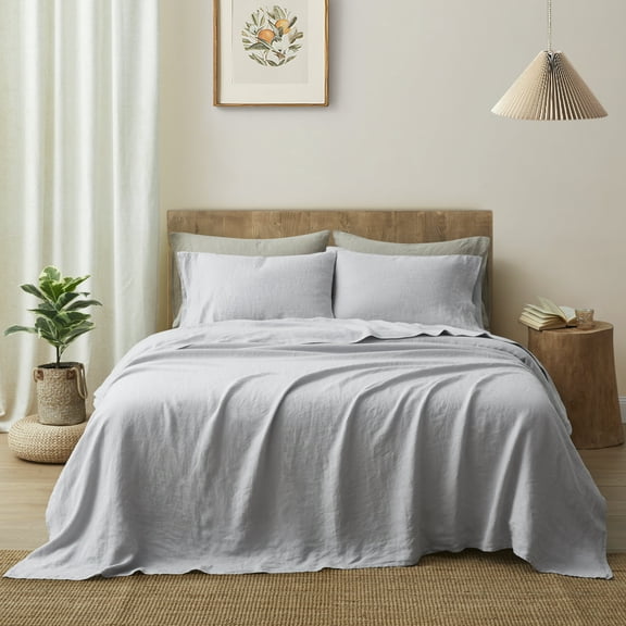 Cloud Fino 100% Pure Linen Sheet Set- 4 Piece Bed Sheet Set- 15" Deep Pocket- Fitted Sheet, Flat Sheet & 2 Pillowcases- Cooling Bedding Set (Antique White, Short Queen)