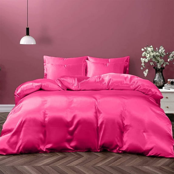 Cloud Fino 100% Pure Silk Satin Duvet with Fitted Sheet Set 4pcs, Silk Satin Fitted Sheet 15'' Deep Pocket,Silk Satin Duvet Cover,Silk Satin Pillowcases Set !!!(Full Hot Pink)