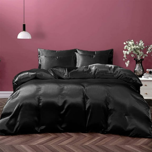 Cloud Fino 100% Pure Silk Satin Duvet with Fitted Sheet Set 4pcs, Silk Satin Fitted Sheet 15'' Deep Pocket,Silk Satin Duvet Cover,Silk Satin Pillowcases Set !!!(King Black)