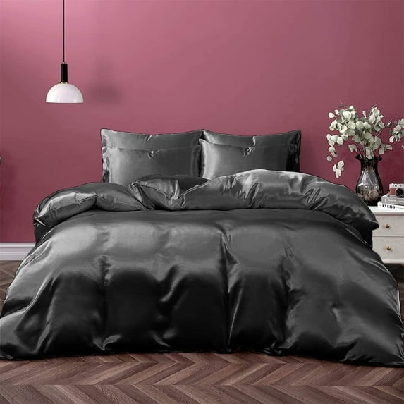 Cloud Fino 100% Pure Silk Satin Duvet with Fitted Sheet Set 4pcs, Silk Satin Fitted Sheet 15'' Deep Pocket,Silk Satin Duvet Cover,Silk Satin Pillowcases Set !!!(Twin Dark Grey)
