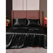 Cloud Fino 100% Pure Silk Satin Sheet Set 4pcs, Silk Fitted Sheet 15 Deep Pocket,Silk Flat Sheet & Pillowcases Set !!! Black, Full