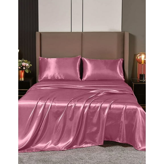Cloud Fino 100% Pure Silk Satin Sheet Set 6pcs, Silk Fitted Sheet,Silk Flat Sheet&Silk Pillowcases Set !(Cal Queen Dusty Pink)