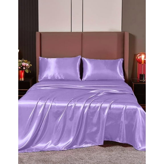 Cloud Fino 100% Pure Silk Satin Sheet Set 6pcs, Silk Fitted Sheet,Silk Flat Sheet&Silk Pillowcases Set !(Full XL Lilac)