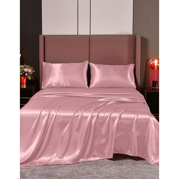 Cloud Fino 100% Pure Silk Satin Sheet Set 6pcs, Silk Fitted Sheet,Silk Flat Sheet&Silk Pillowcases Set !(King Rose Pink)