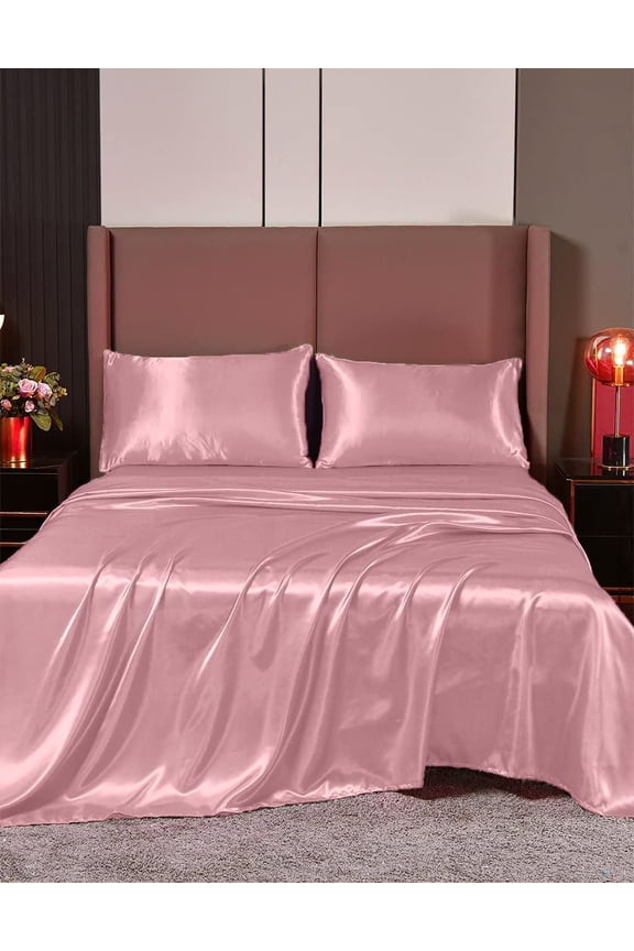 100% Pure Silk Satin Sheet Set 6pcs, Silk Fitted Sheet,Silk Flat Sheet&Silk Pillowcases Set !(OLY Queen Rose Pink)