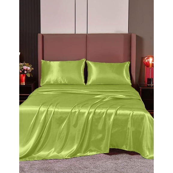Cloud Fino 100% Pure Silk Satin Sheet Set 6pcs, Silk Fitted Sheet,Silk Flat Sheet&Silk Pillowcases Set !(ShortQueen Sage)