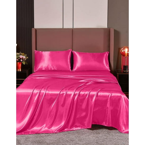 Cloud Fino 100% Pure Silk Satin Sheet Set 6pcs, Silk Fitted Sheet,Silk Flat Sheet&Silk Pillowcases Set !(Twin Hot Pink)