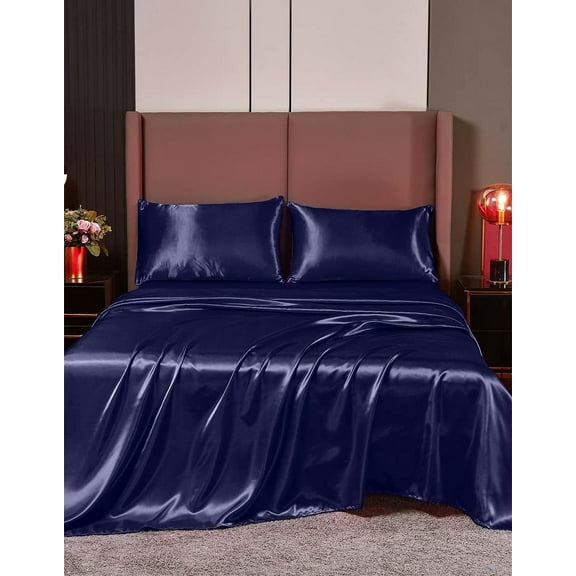 Cloud Fino 100% Pure Silk Satin Sheet Set 6pcs, Silk Fitted Sheet,Silk Flat Sheet&Silk Pillowcases Set !(Twin Navy Blue)