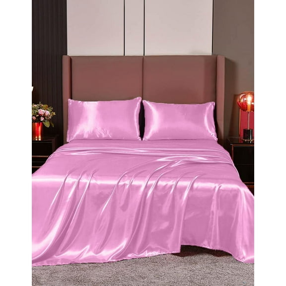 Cloud Fino 100% Pure Silk Satin Sheet Set 6pcs, Silk Fitted Sheet,Silk Flat Sheet&Silk Pillowcases Set !(Twin Pink)