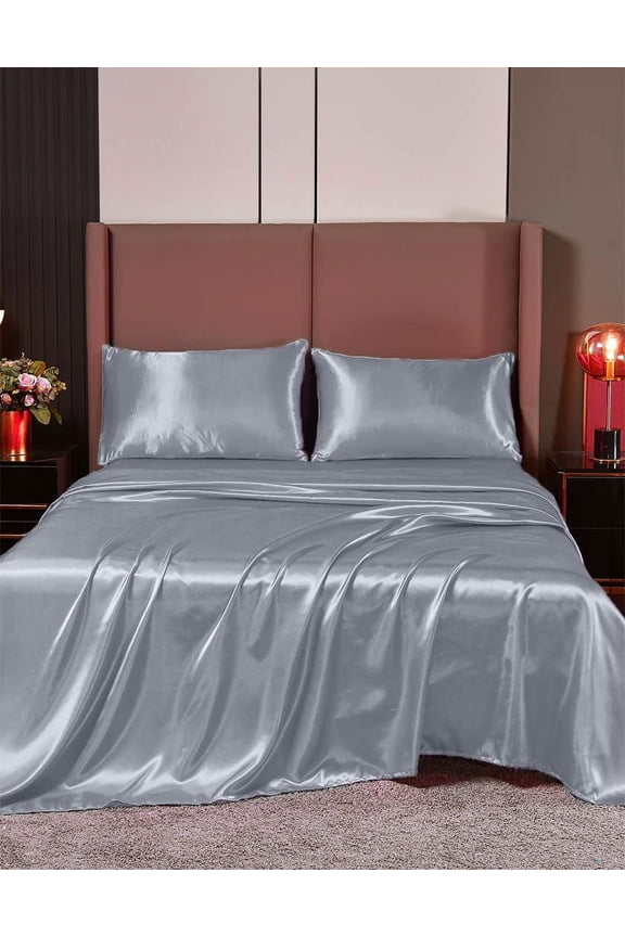 100% Pure Silk Satin Sheet Set 6pcs, Silk Fitted Sheet,Silk Flat Sheet&Silk Pillowcases Set !(Twin Silver Grey)