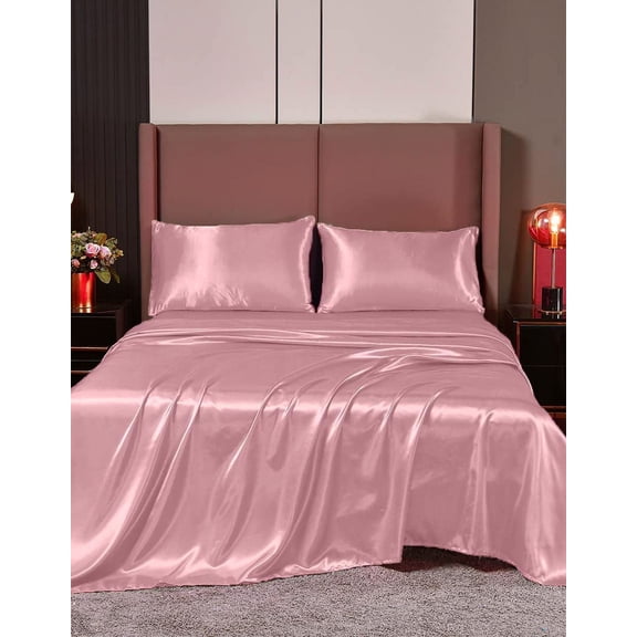 Cloud Fino 100% Pure Silk Satin Sheet Set 6pcs, Silk Fitted Sheet,Silk Flat Sheet&Silk Pillowcases Set !(ShortQueen Rose Pink)