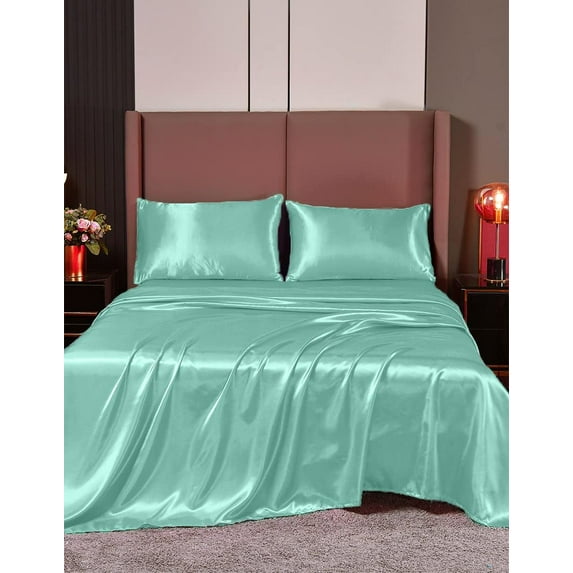Cloud Fino 4 Pc Silk Satin Sheets Set | Silk Satin Fitted Sheet | Silk Satin Flat Sheet | Silk Pillowcase | 4 Pc Silk Satin Sheet Set | Hotel Quality Silky Soft Luxurious !!!! Aqua Blue, King