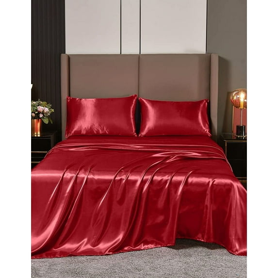 Cloud Fino 4 Pc Silk Satin Sheets Set | Silk Satin Fitted Sheet | Silk Satin Flat Sheet | Silk Pillowcase | 4 Pc Silk Satin Sheet Set | Hotel Quality Silky Soft Luxurious !!!! Full XL, Burgundy